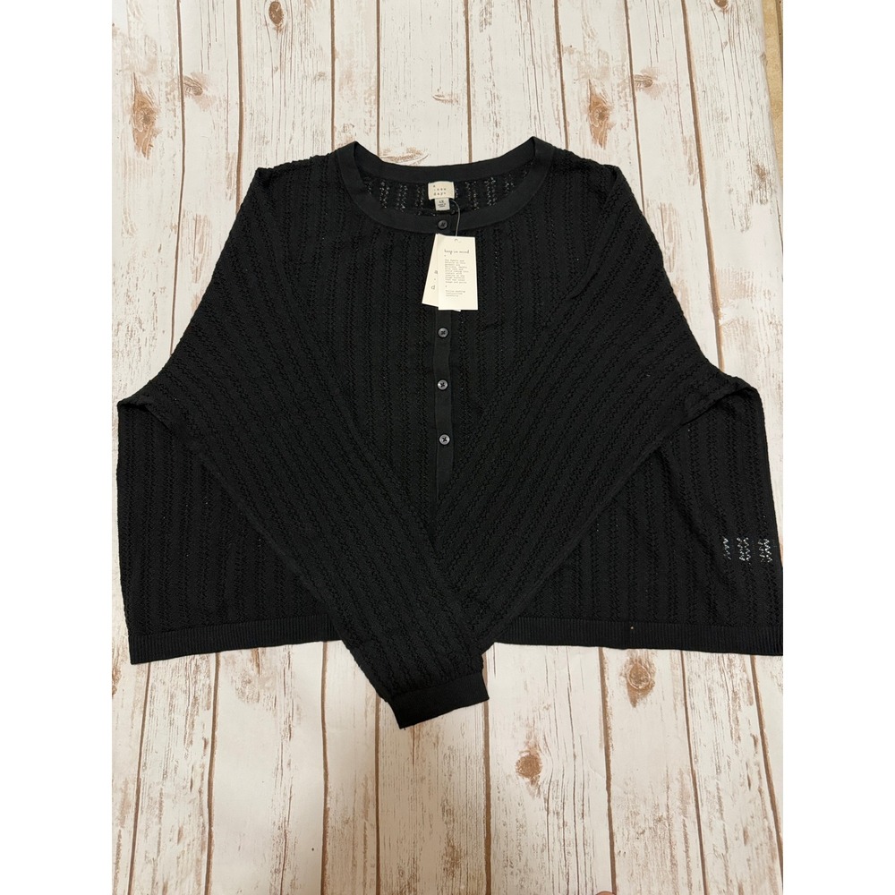 A New Day Black Pointelle Knit Cardigan Sweater Crew Neck Button Front NWT XS